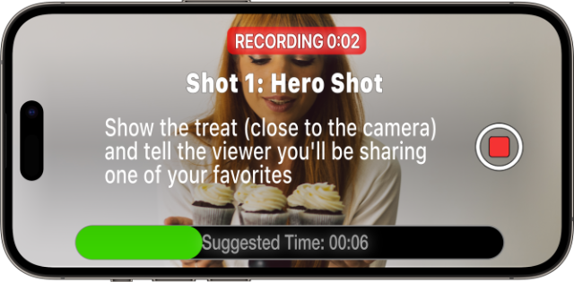 Capture view showing shot prompt, countdown timer, and recording controls
