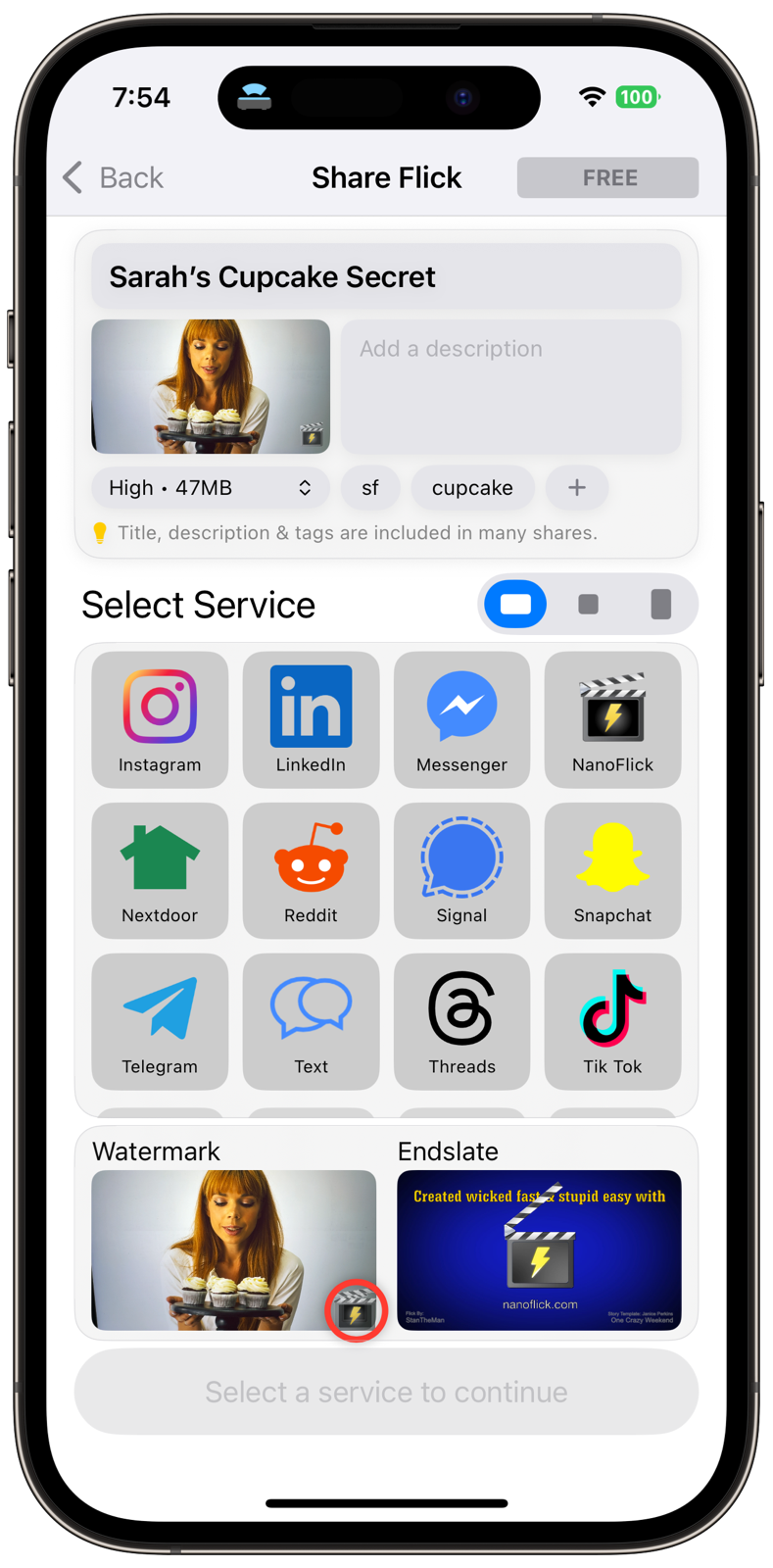 NanoFlick share screen showing platform options