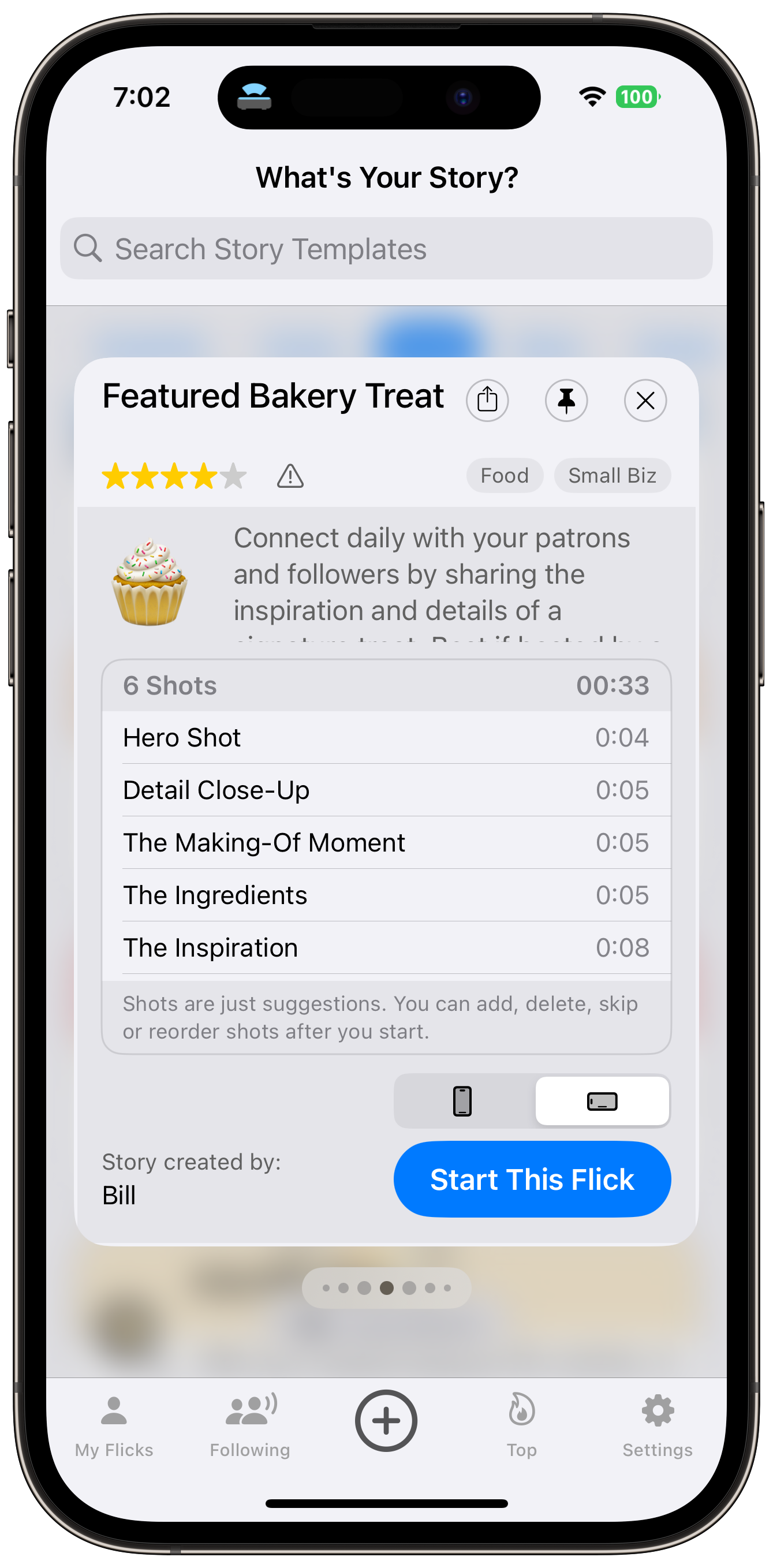 NanoFlick template browser showing Featured Bakery Treat template with shot list